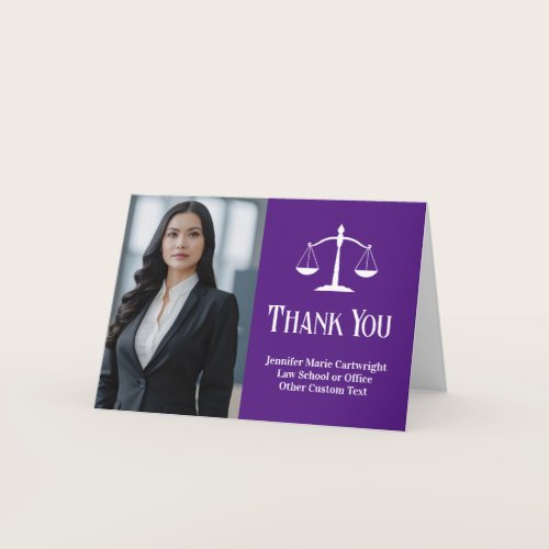 Purple Law School Graduation Photo Custom Lawyer Thank You Card