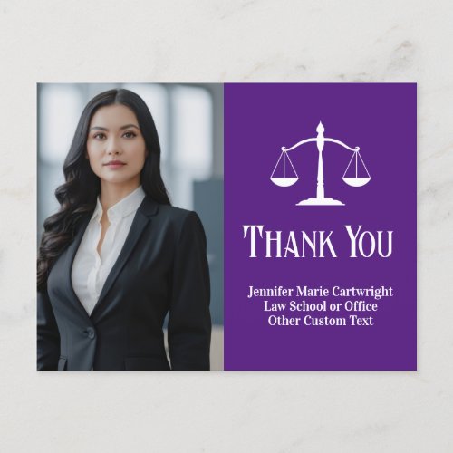 Purple Lawyer Photo Scales of Justice Thank You Postcard