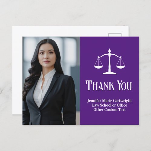 Purple Lawyer Photo Scales of Justice Thank You Postcard