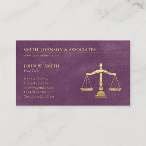 Purple Lawyer Scales of Justice Gold effect Canvas Business Card