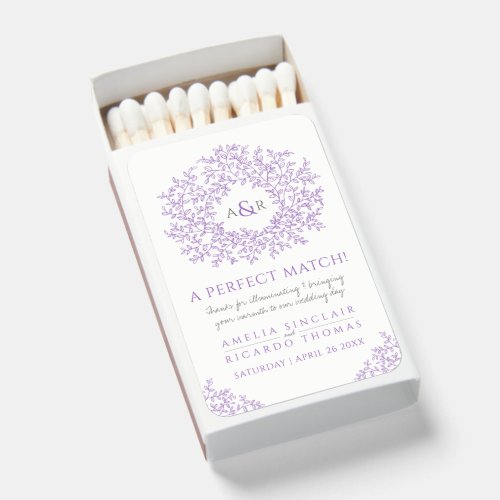 Purple leaf botanical monogram art wedding matchboxes