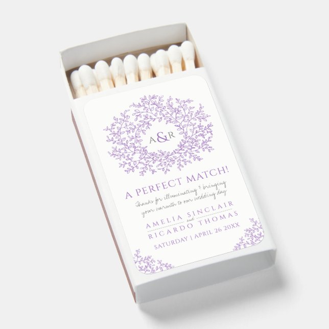 Purple leaf botanical monogram art wedding matchboxes (Front Open)