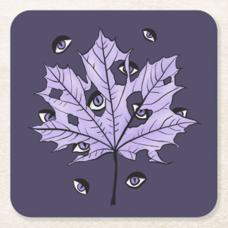 Purple Leaf Creepy Eyes – Spooky Gothic Nature Square Paper Coaster