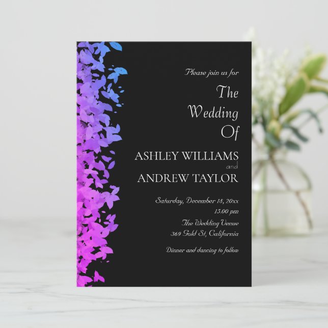 Purple Leaf Pattern Elegant Black Wedding Invitation (Standing Front)