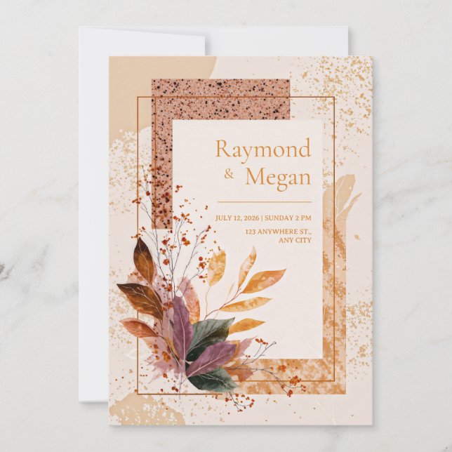 Purple Leaf Speckled Autumnal Gold Frame Wedding Invitation (Front)