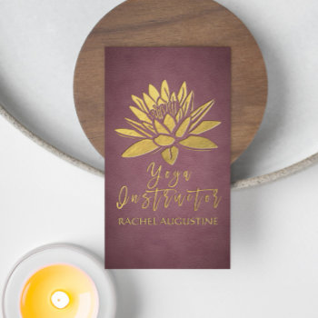 Purple Leather And Gold Foil Lotus Yoga Instructor Business Card by ReadyCardCard at Zazzle