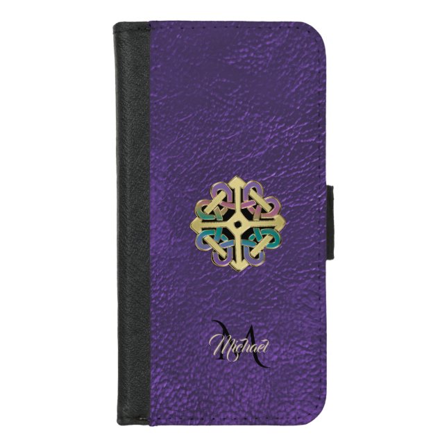 Purple Leather Celtic Shield Knot Monogram iPhone Wallet Case (Front)