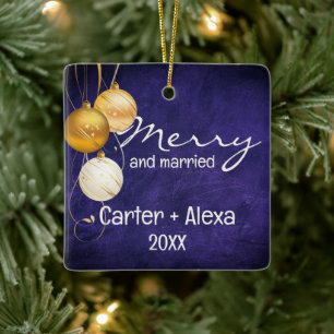 Purple Leather First Christmas Married Ceramic Ornament