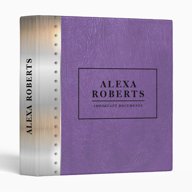 Purple Leather & Metallic Silver Stripes 3 Ring Binder (Front/Spine)