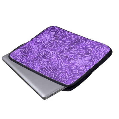 Purple Leather Texture Embossed Flowers Design Laptop Sleeve