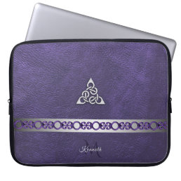 Purple Leather With Silver Celtic Knot Monogram Laptop Sleeve