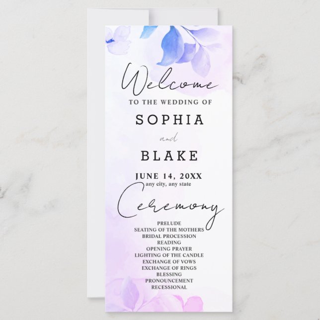 Purple Leaves and Flowers Wedding Program (Front)