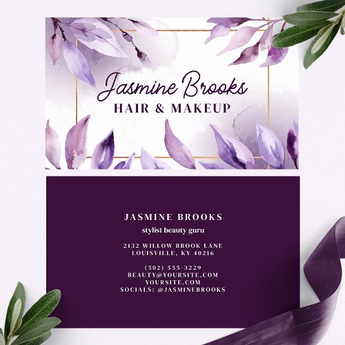 Custom Business Cards 7 Purple Leaves And Gold Frame Watercolor Business Card