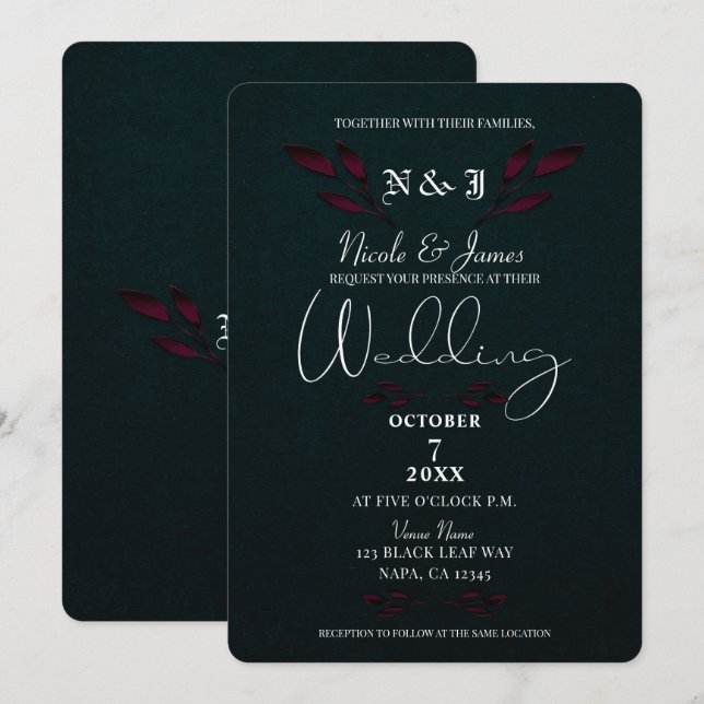 Purple Leaves Black Modern Glam Gothic Wedding Invitation (Front/Back)