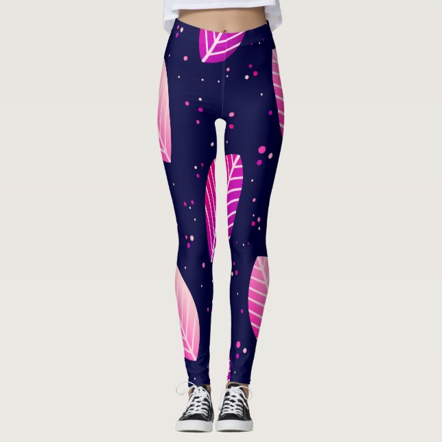 Purple leaves dark blue leggings. leggings (Front)