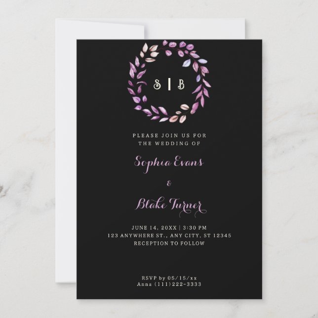 Purple Leaves Monogrammed Wreath Black Wedding Invitation (Front)