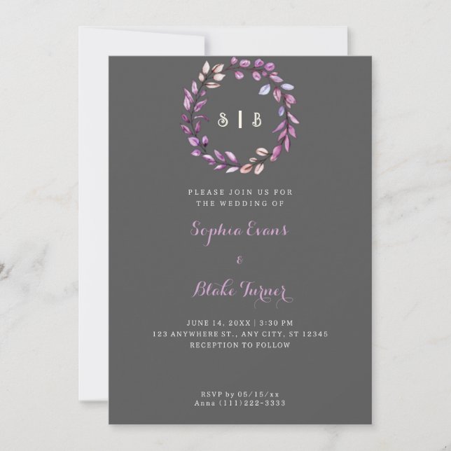 Purple Leaves Monogrammed Wreath Dark Gray Wedding Invitation (Front)