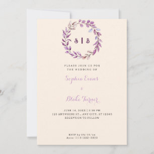 Purple Leaves Monogrammed Wreath Yellow Wedding Invitation