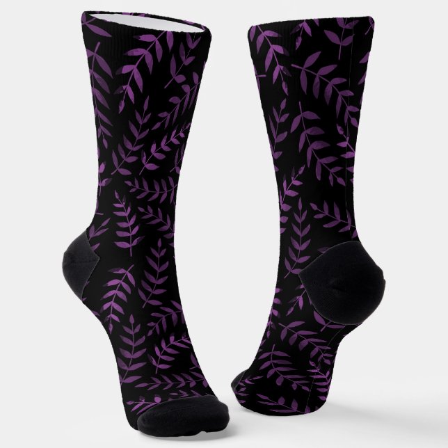 Purple leaves pattern on black socks (Angled)