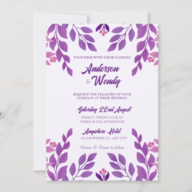 Purple Leaves Wedding Theme Invitation (Front)
