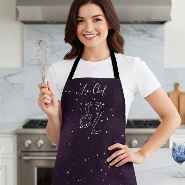 Purple Leo Zodiac Constellation Astrology Apron (It's Leo Season! Be the boss in the kitchen with this groovy purple galaxy apron)