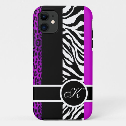 Purple Leopard and Zebra Animal Print Monogram iPhone 11 Case