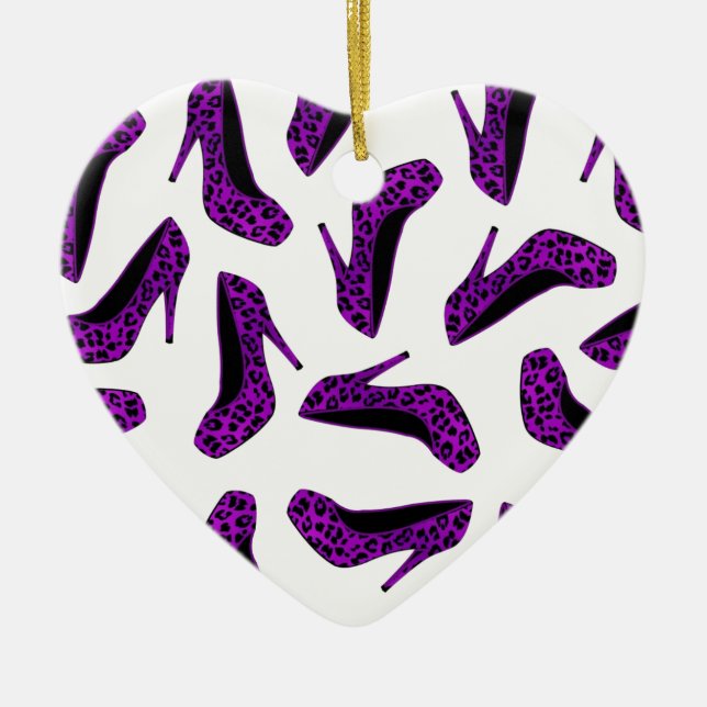 Purple Leopard Animal Print High Heel Shoes Print Ceramic Ornament (Front)