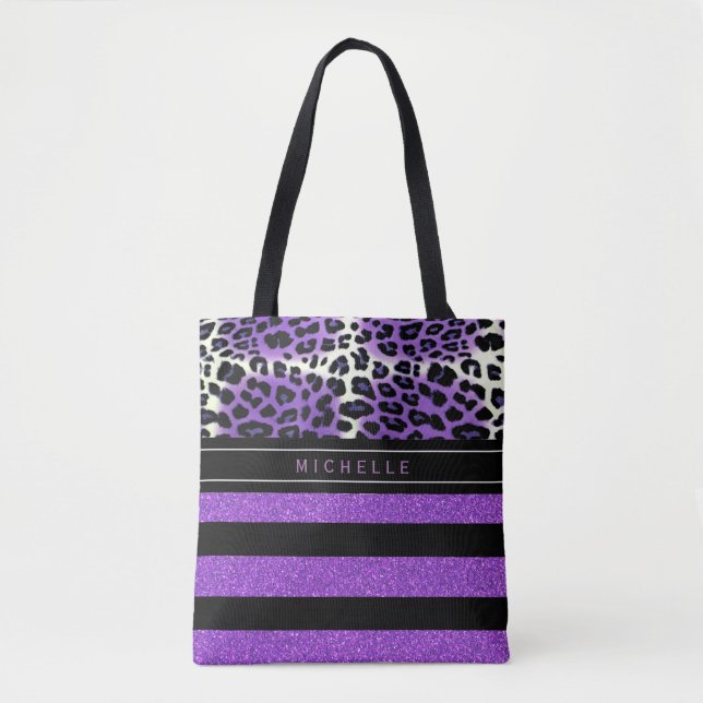Purple Leopard & Black Purple Glitter Stripes  Tote Bag (Front)