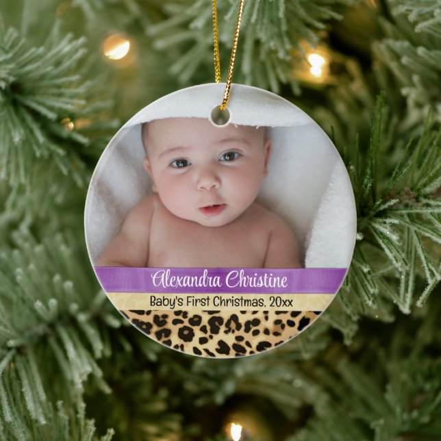 Purple Leopard Girl Baby First Christmas Photo Ceramic Ornament (Tree)
