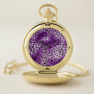 Purple Leopard Heart Animal Print Pocket Watch