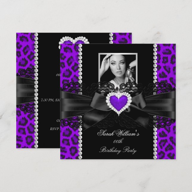 Purple Leopard Lace Heart Photo Birthday Party 2 Invitation (Front/Back)
