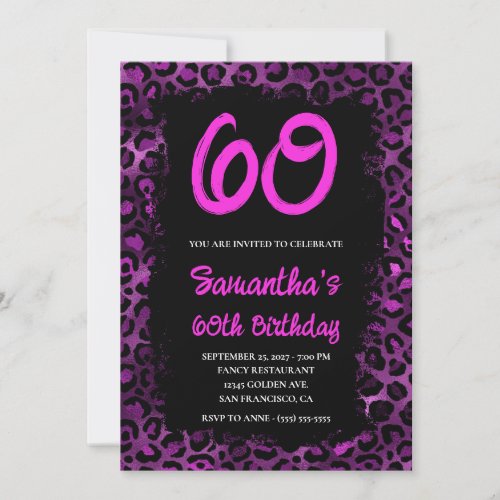 Purple Leopard Painted Black 60th Birthday Invitation