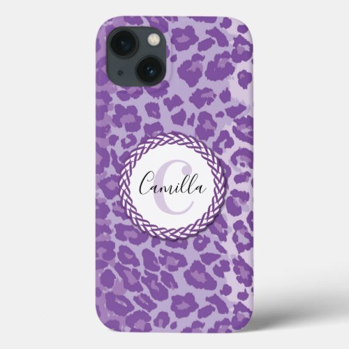 Purple Leopard Pattern w Custom Monogram  Name iPhone 13 Case