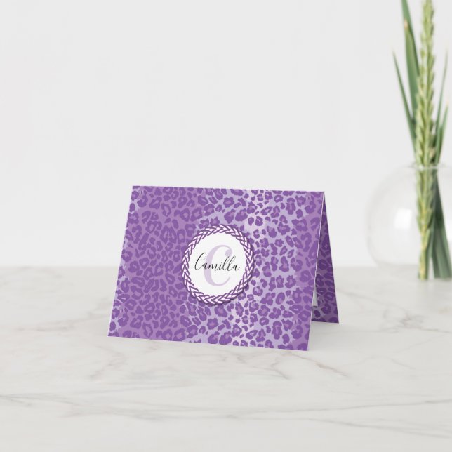 Purple Leopard Pattern w/ Custom Monogram & Name Letterpress Thank You Card (Front)