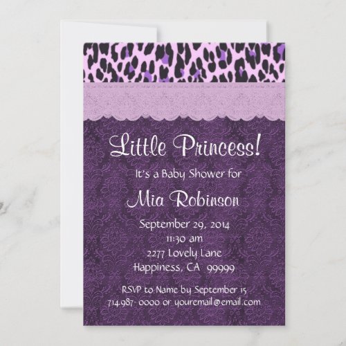 Purple Leopard Princess Girl Baby Shower S21K Personalized Invitations