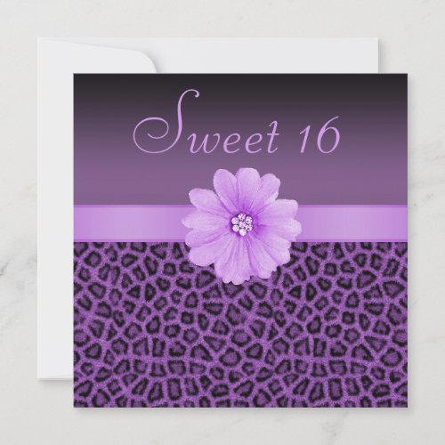 Purple Leopard Print   Bling Flower Sweet 16 Invitation