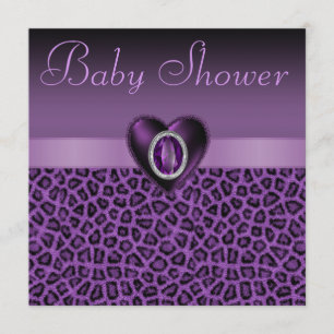 Purple Leopard Print  & Bling Heart Baby Shower Invitation