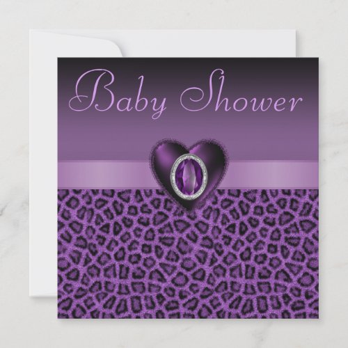 Purple Leopard Print   Bling Heart Baby Shower Invitation