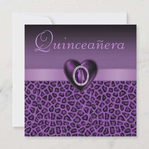 Purple Leopard Print  Bling Hearts Quinceanera Invitation