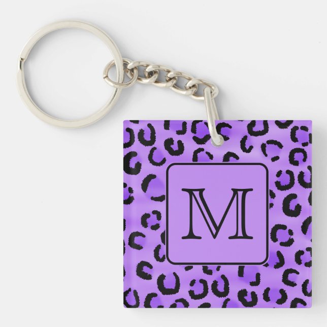 Purple Leopard Print Custom Monogram. Keychain (Front)