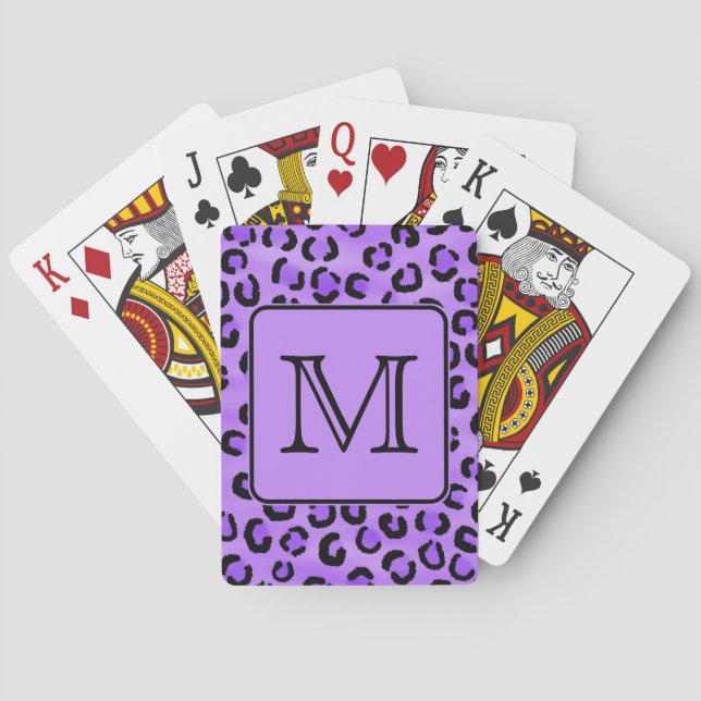 Purple Leopard Print Custom Monogram. Poker Cards (Back)