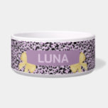 Purple Leopard Print Gold Bow Pet Bowl<br><div class="desc">Girly-girl purple leopard print customized with your pet's name. Two gold bows decorate either side of the name.</div>