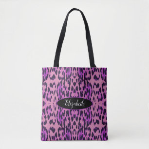 Purple Leopard Print Pattern Monogram Tote Bag