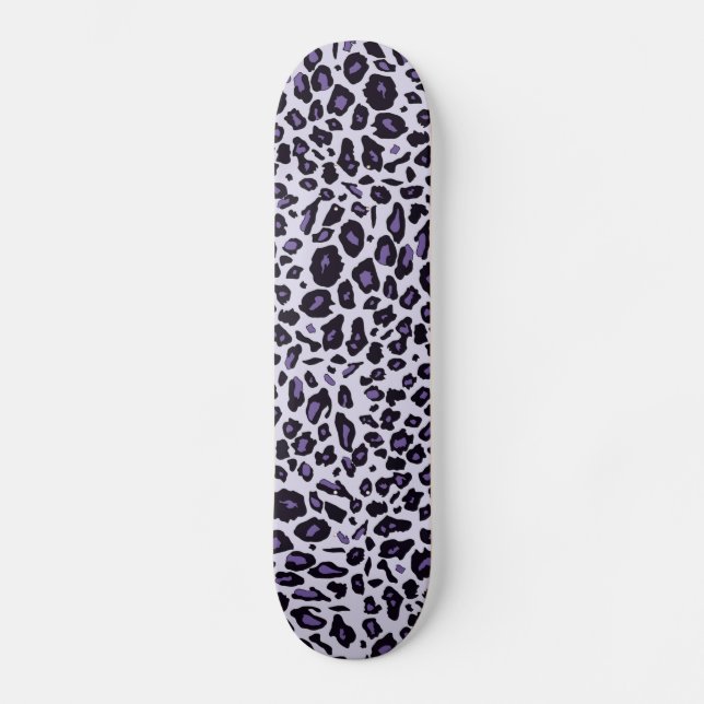 Purple leopard print skateboard deck (Front)