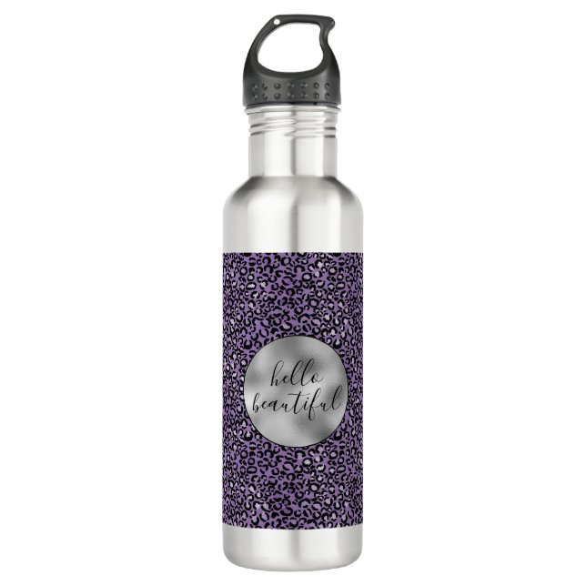 Purple Leopard Print Stainless Steel Water Bottle (Front)