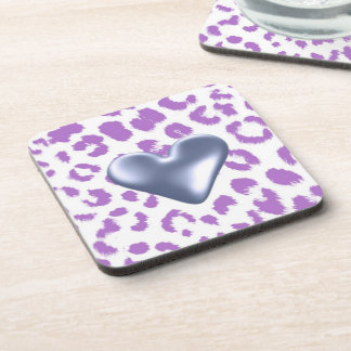 Purple Leopard Print With Heart Design Drink Coaster