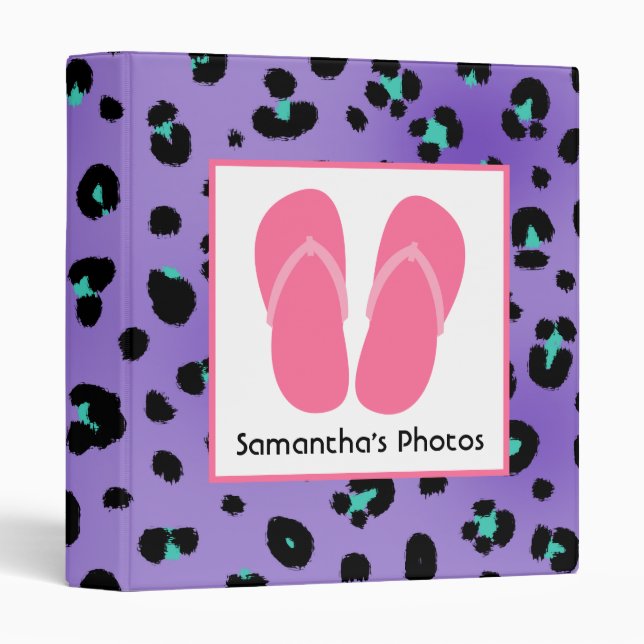 Purple Leopard Print With Pink Flip Flops 3 Ring Binder (Front/Spine)