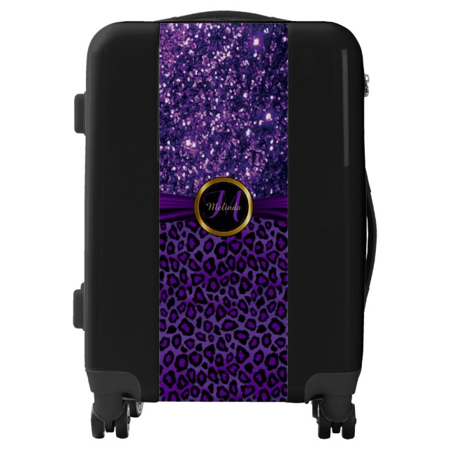 Purple Leopard Skin and Glitter - Monogram Luggage (Front)