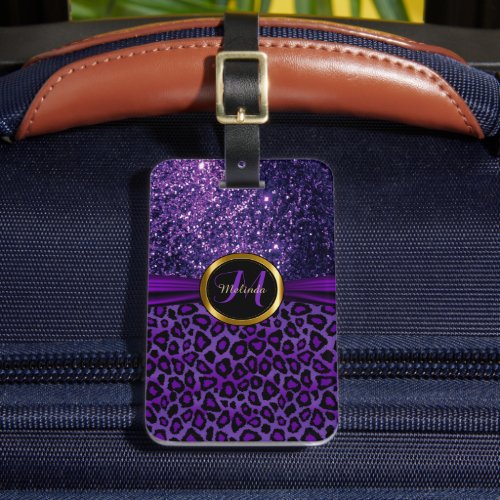 Purple Leopard Skin and Glitter _ Monogram Luggage Tag