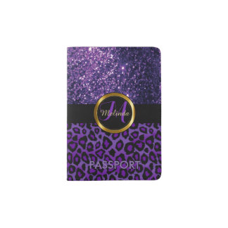 Purple Leopard Skin and Glitter - Monogram Passport Holder